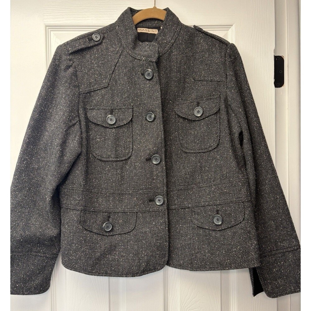 Massini Black Tweed Wool Blend Button Up Jacket Blazer Misses size XL Vintage